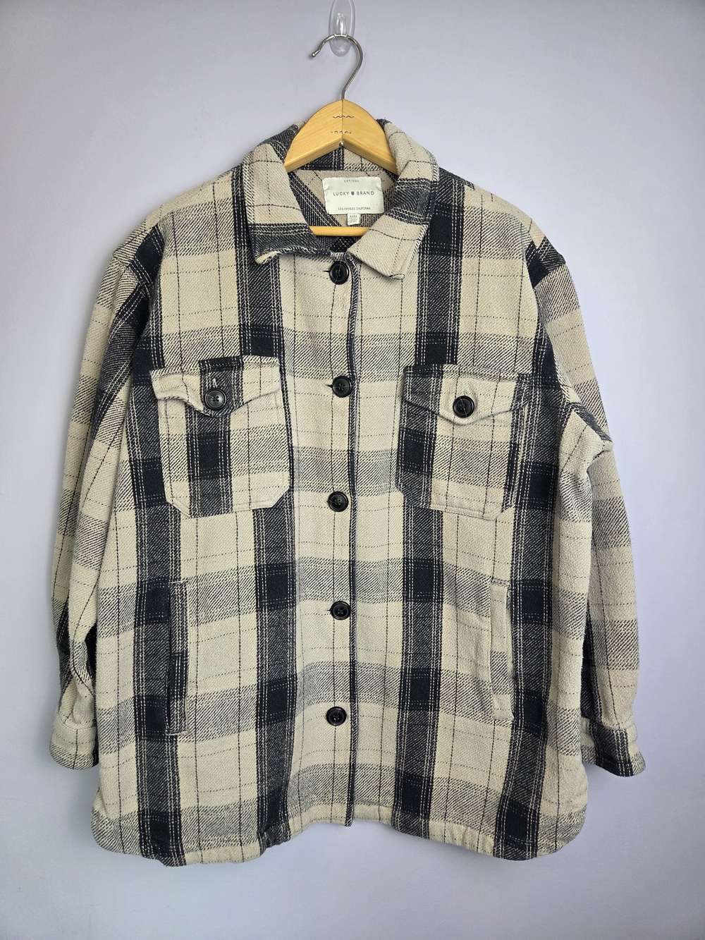 Lucky Brand Womens Plaid Button Up Shacket Jacket Cream Black Size M Gorpcore